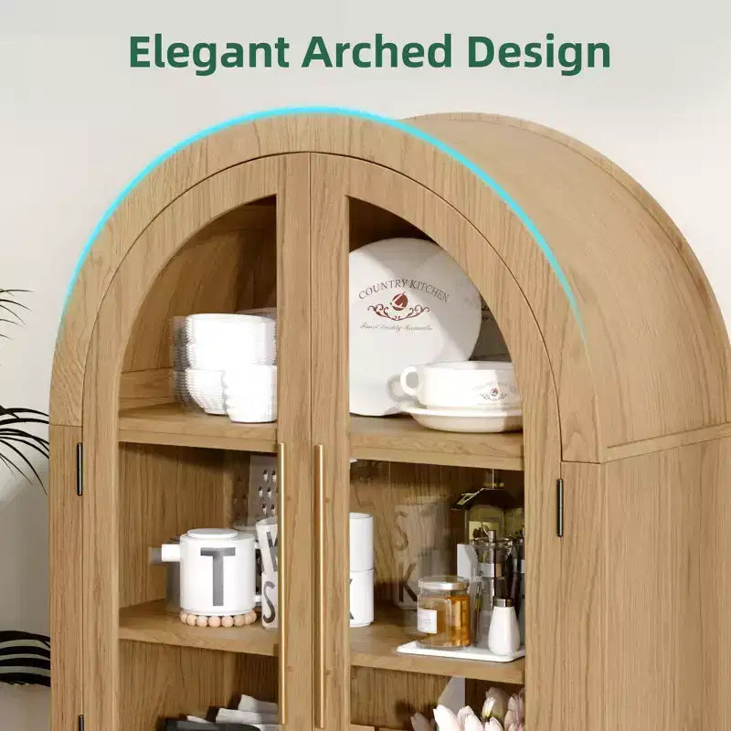 Armoire de rangement haute arquée de 160 cm avec portes en verre et rotin - Bois naturel