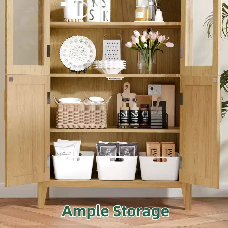 Armoire de rangement haute arquée de 160 cm avec portes en verre et rotin - Bois naturel