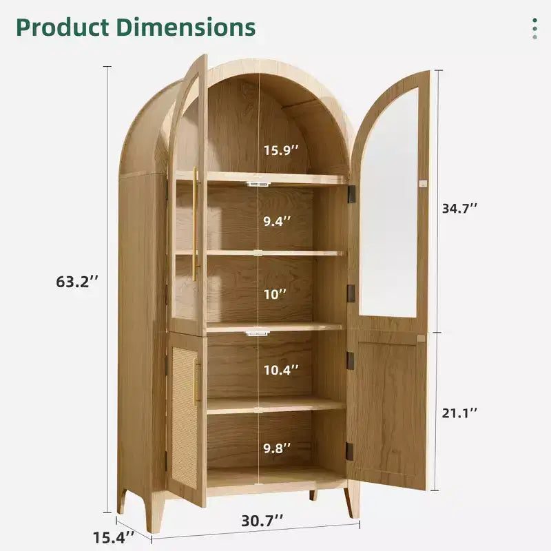 Armoire de rangement haute arquée de 160 cm avec portes en verre et rotin - Bois naturel