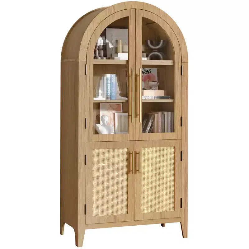 Armoire de rangement haute arquée de 160 cm avec portes en verre et rotin - Bois naturel