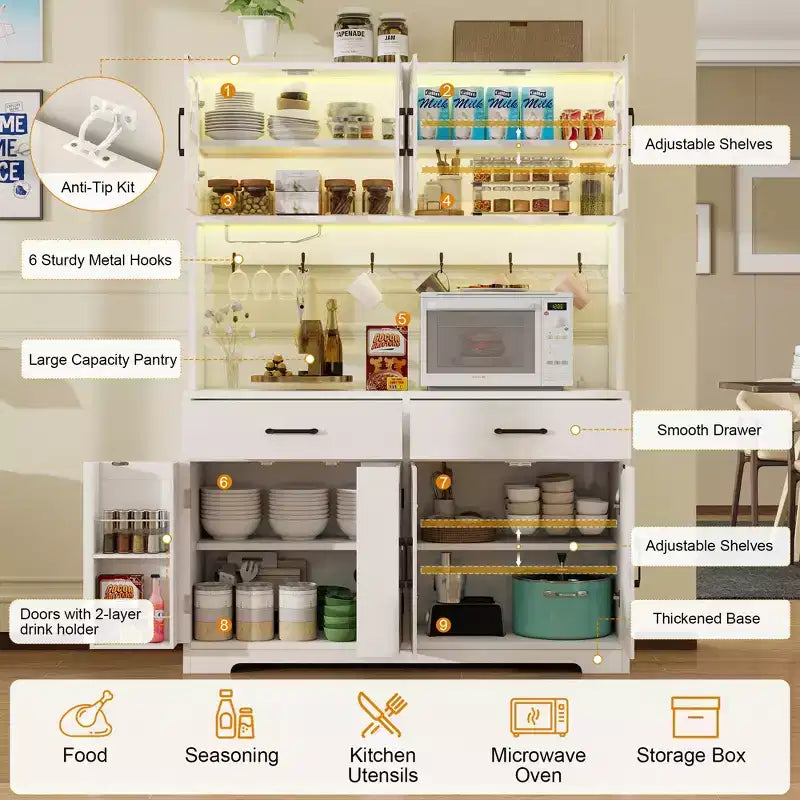Armoire de cuisine avec lumières RVB Bluetooth intelligentes et rangements de porte, meuble-buffet de 180 cm de haut avec prise de courant