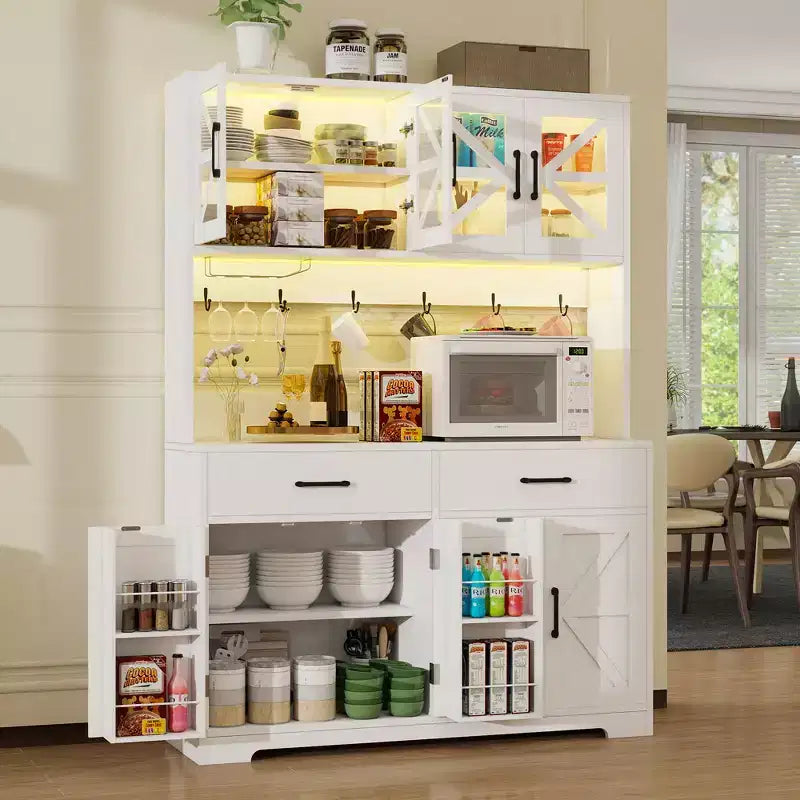 Armoire de cuisine avec lumières RVB Bluetooth intelligentes et rangements de porte, meuble-buffet de 180 cm de haut avec prise de courant