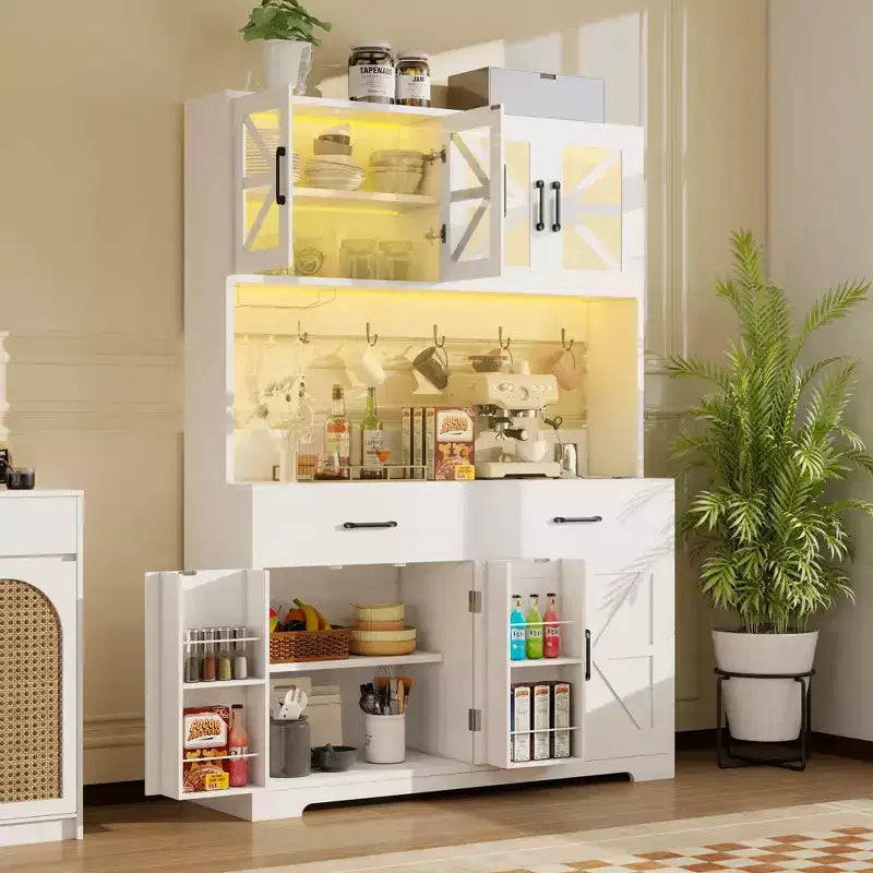 Armoire de cuisine avec lumières RVB Bluetooth intelligentes et rangements de porte, meuble-buffet de 180 cm de haut avec prise de courant