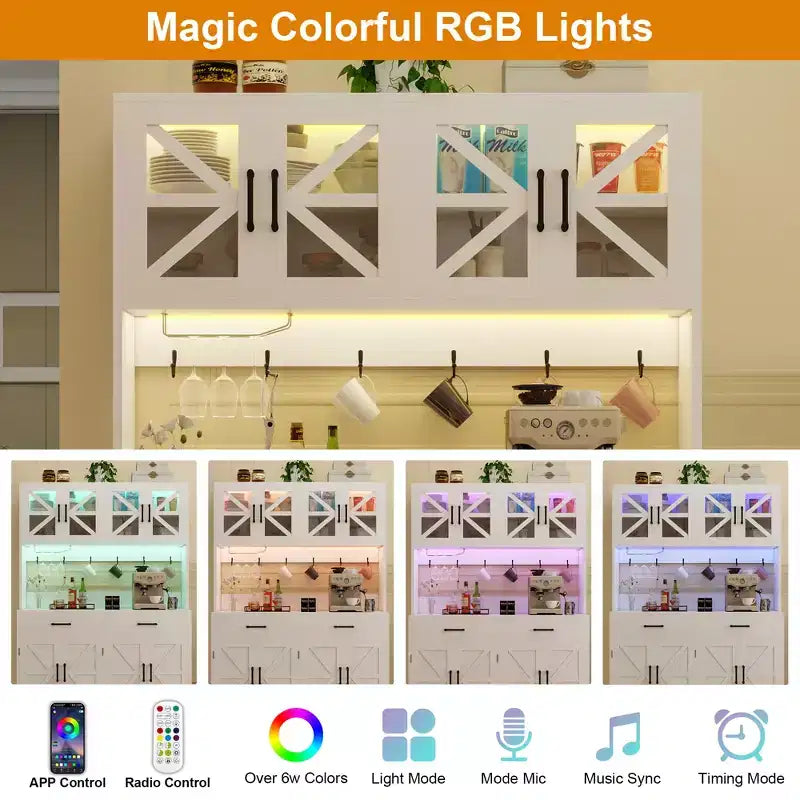 Armoire de cuisine avec lumières RVB Bluetooth intelligentes et rangements de porte, meuble-buffet de 180 cm de haut avec prise de courant