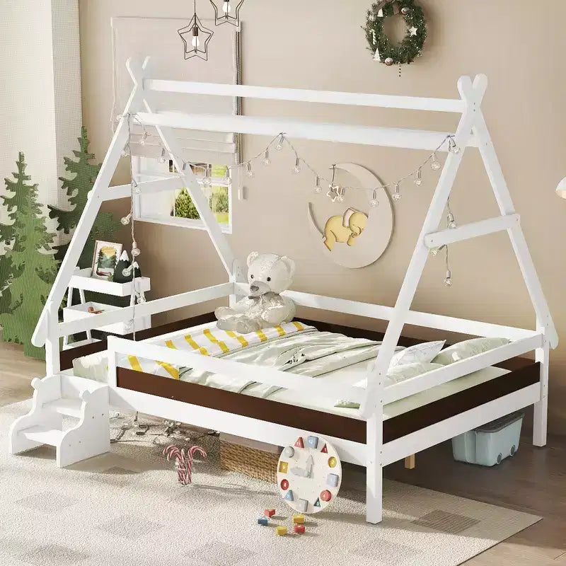 Lit plateforme pour enfants en forme de maison pleine grandeur avec escaliers - Bois massif, blanc