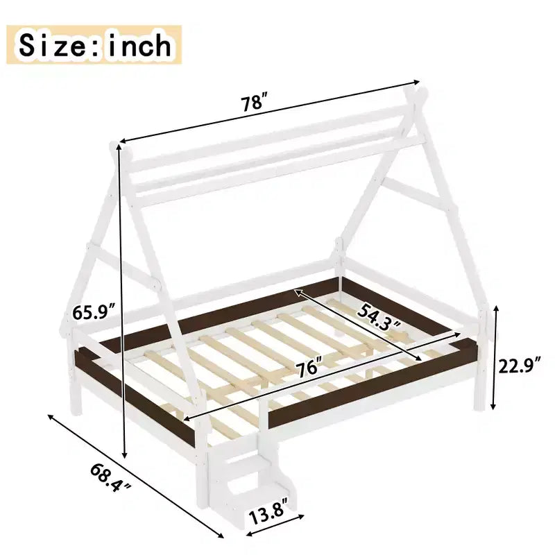 Lit plateforme pour enfants en forme de maison pleine grandeur avec escaliers - Bois massif, blanc