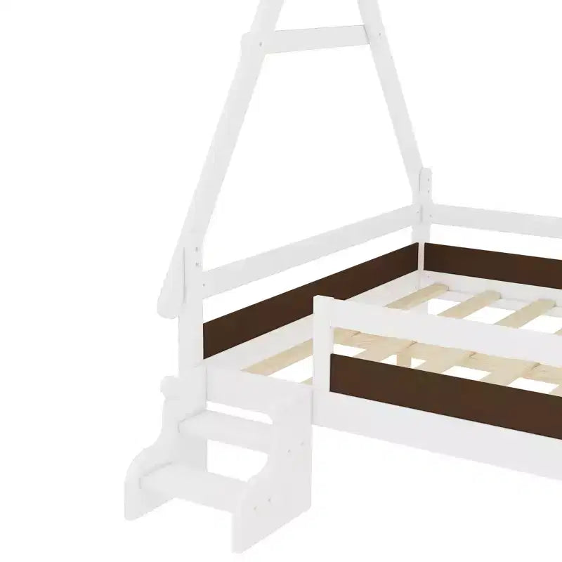 Lit plateforme pour enfants en forme de maison pleine grandeur avec escaliers - Bois massif, blanc