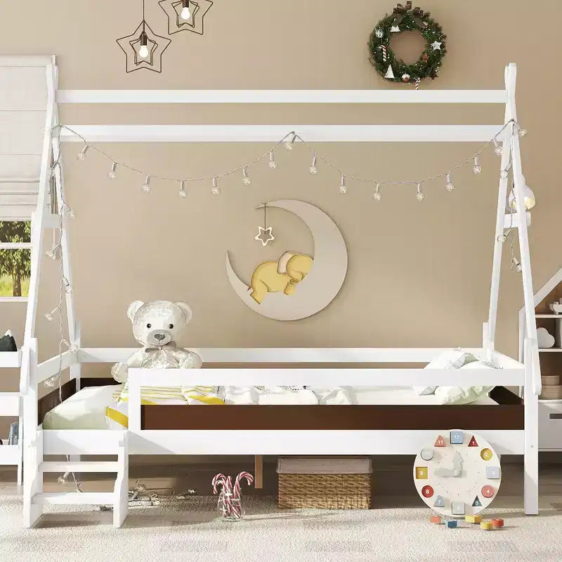 Lit plateforme pour enfants en forme de maison pleine grandeur avec escaliers - Bois massif, blanc