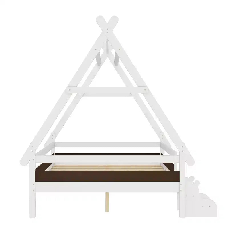 Lit plateforme pour enfants en forme de maison pleine grandeur avec escaliers - Bois massif, blanc