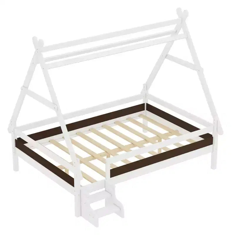 Lit plateforme pour enfants en forme de maison pleine grandeur avec escaliers - Bois massif, blanc