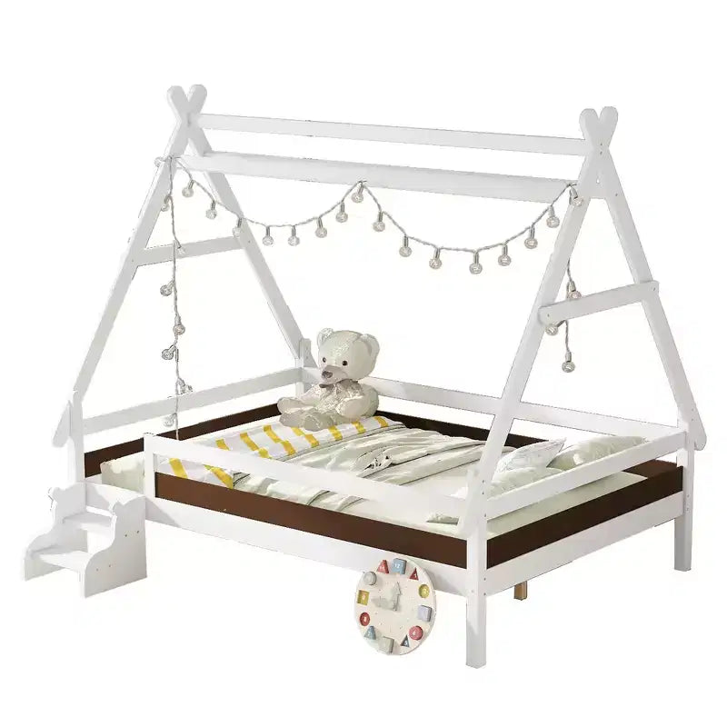 Lit plateforme pour enfants en forme de maison pleine grandeur avec escaliers - Bois massif, blanc