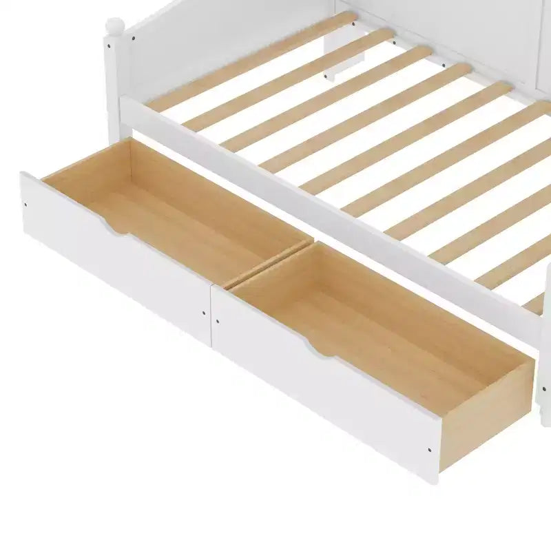Lit de repos jumeau avec tiroirs de rangement et étagères de tête de lit, cadre de lit de repos en bois, blanc