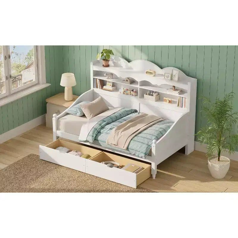 Lit de repos jumeau avec tiroirs de rangement et étagères de tête de lit, cadre de lit de repos en bois, blanc