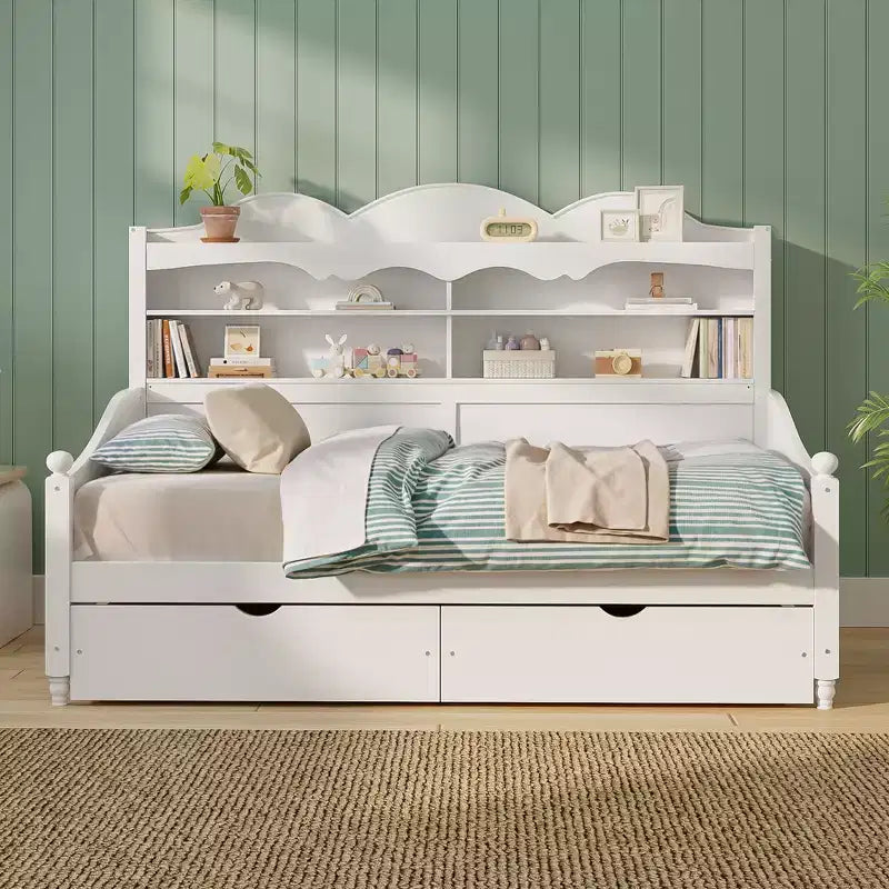 Lit de repos jumeau avec tiroirs de rangement et étagères de tête de lit, cadre de lit de repos en bois, blanc