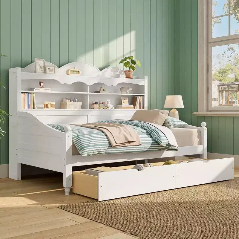 Lit de repos jumeau avec tiroirs de rangement et étagères de tête de lit, cadre de lit de repos en bois, blanc