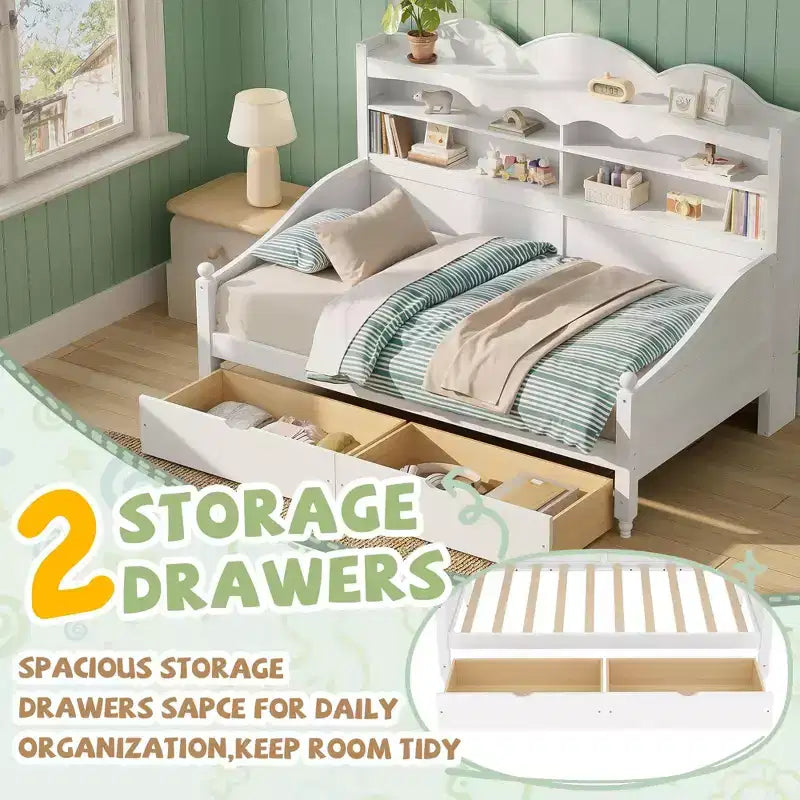 Lit de repos jumeau avec tiroirs de rangement et étagères de tête de lit, cadre de lit de repos en bois, blanc