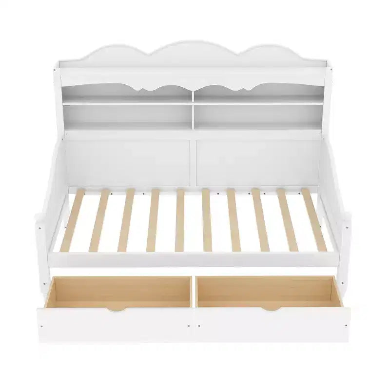 Lit de repos jumeau avec tiroirs de rangement et étagères de tête de lit, cadre de lit de repos en bois, blanc