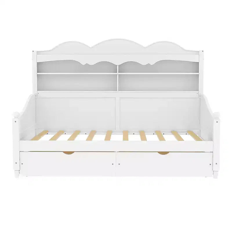 Lit de repos jumeau avec tiroirs de rangement et étagères de tête de lit, cadre de lit de repos en bois, blanc