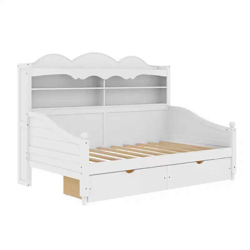 Lit de repos jumeau avec tiroirs de rangement et étagères de tête de lit, cadre de lit de repos en bois, blanc