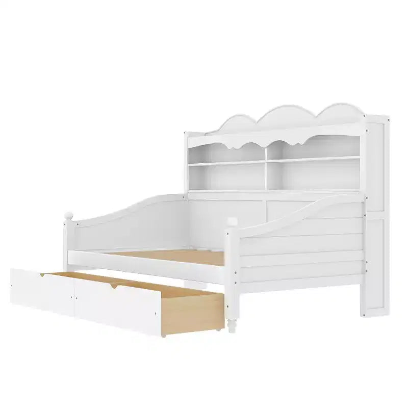 Lit de repos jumeau avec tiroirs de rangement et étagères de tête de lit, cadre de lit de repos en bois, blanc