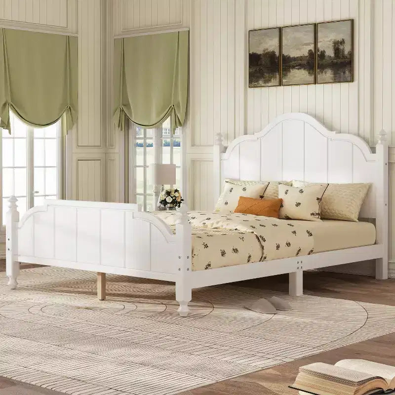 Cadre de lit Queen avec tête de lit, lit plateforme vintage en bois avec support à lattes, blanc