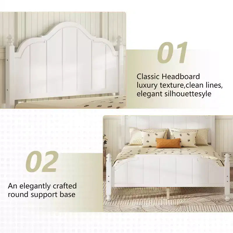 Cadre de lit Queen avec tête de lit, lit plateforme vintage en bois avec support à lattes, blanc