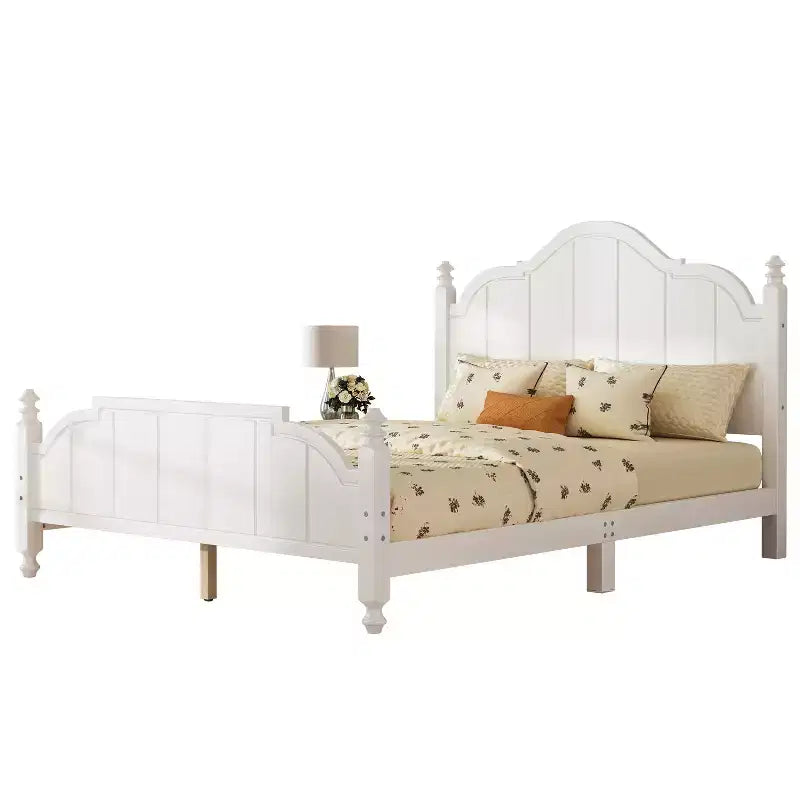 Cadre de lit Queen avec tête de lit, lit plateforme vintage en bois avec support à lattes, blanc