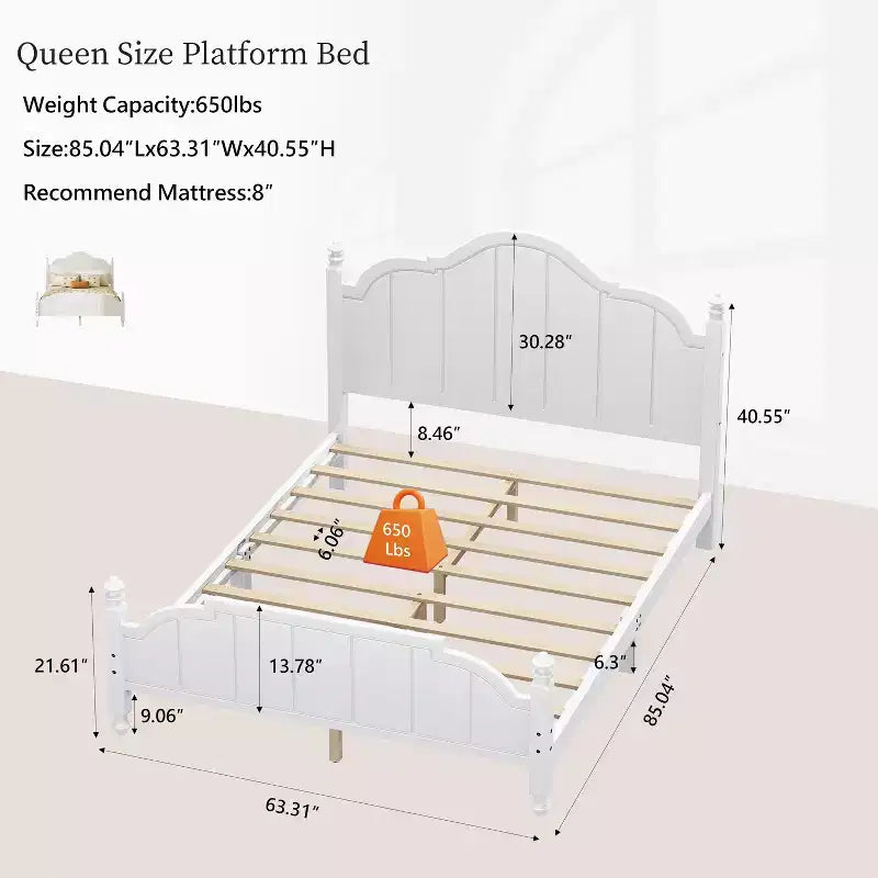 Cadre de lit Queen avec tête de lit, lit plateforme vintage en bois avec support à lattes, blanc