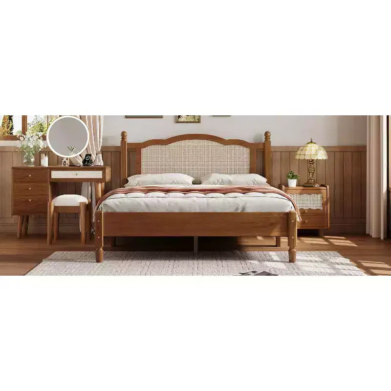 Lit plateforme Queen en bois avec tête de lit en rotin naturel, cadre de lit vintage avec support à lattes, noyer