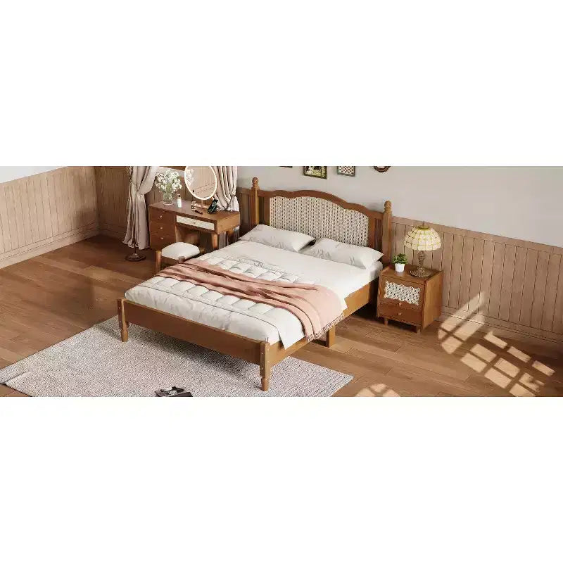 Lit plateforme Queen en bois avec tête de lit en rotin naturel, cadre de lit vintage avec support à lattes, noyer