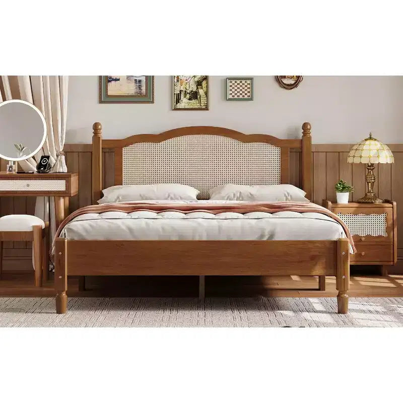 Lit plateforme Queen en bois avec tête de lit en rotin naturel, cadre de lit vintage avec support à lattes, noyer