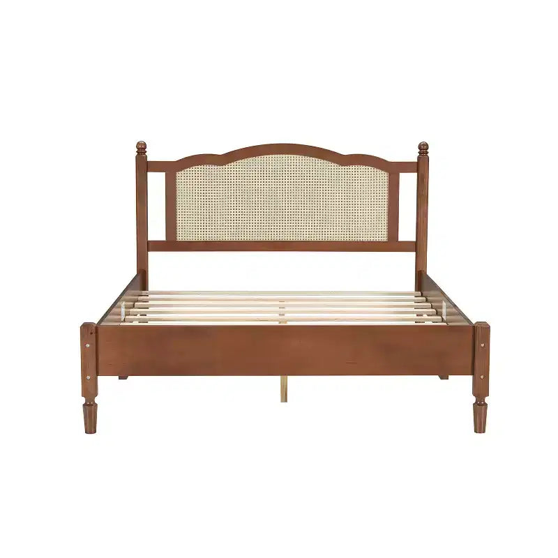 Lit plateforme Queen en bois avec tête de lit en rotin naturel, cadre de lit vintage avec support à lattes, noyer