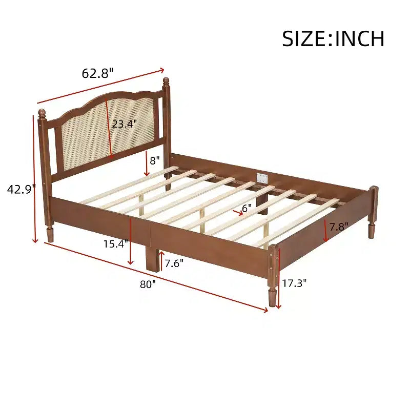 Lit plateforme Queen en bois avec tête de lit en rotin naturel, cadre de lit vintage avec support à lattes, noyer