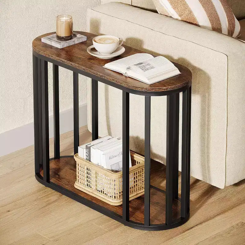 Table d'appoint industrielle étroite à 2 niveaux avec cadre en métal noir - Marron, 30 cm de large