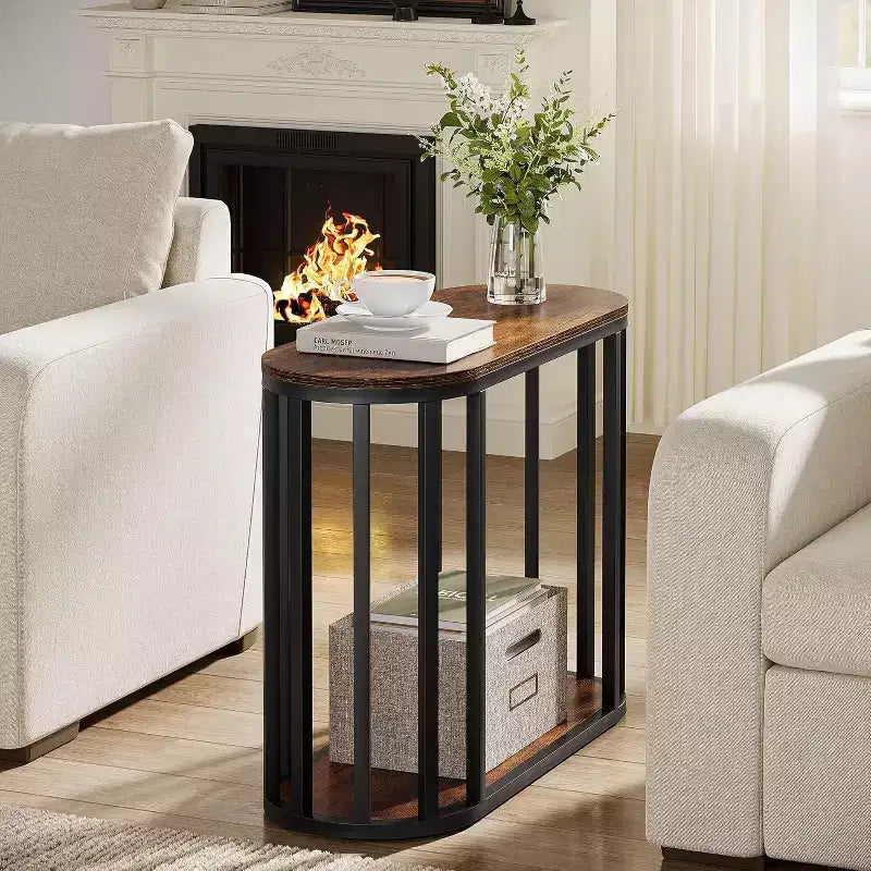 Table d'appoint industrielle étroite à 2 niveaux avec cadre en métal noir - Marron, 30 cm de large