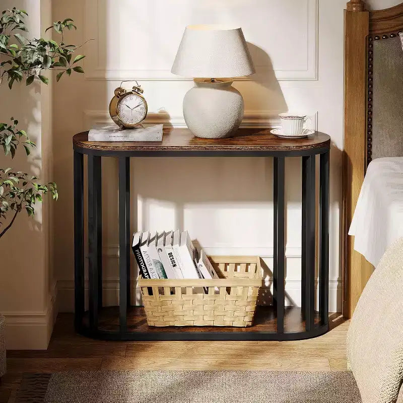 Table d'appoint industrielle étroite à 2 niveaux avec cadre en métal noir - Marron, 30 cm de large