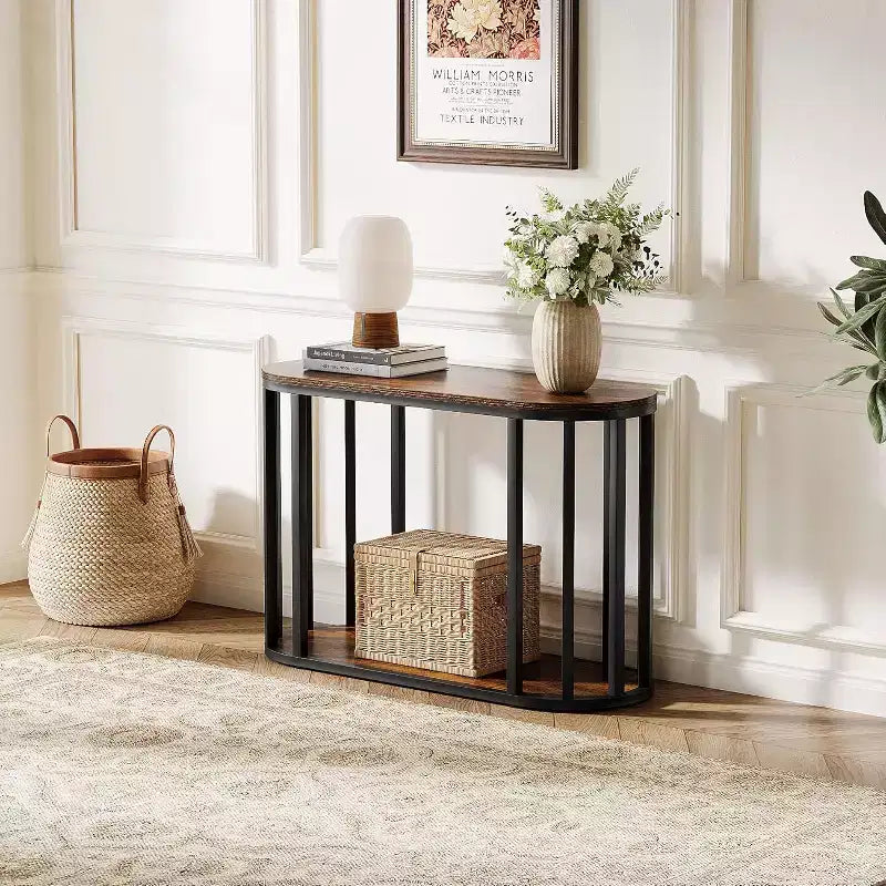 Table d'appoint industrielle étroite à 2 niveaux avec cadre en métal noir - Marron, 30 cm de large