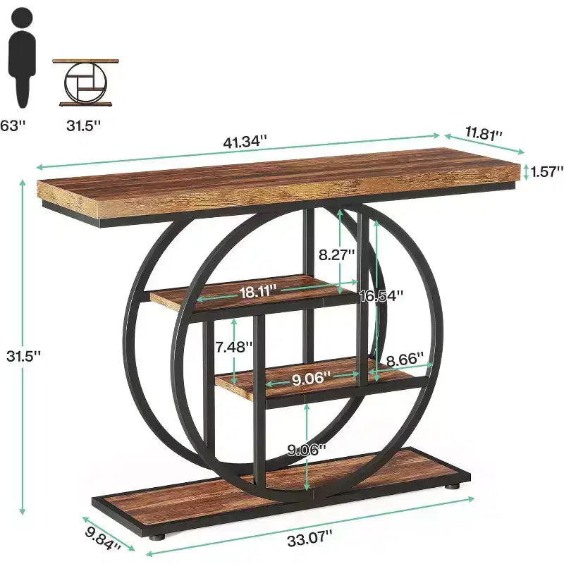 Table d'appoint industrielle à 4 niveaux en bois avec cadre métallique rond - Marron rustique