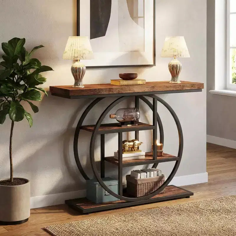 Table d'appoint industrielle à 4 niveaux en bois avec cadre métallique rond - Marron rustique
