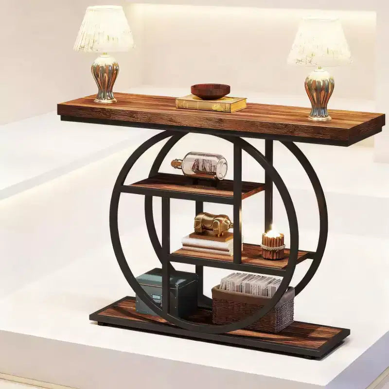 Table d'appoint industrielle à 4 niveaux en bois avec cadre métallique rond - Marron rustique