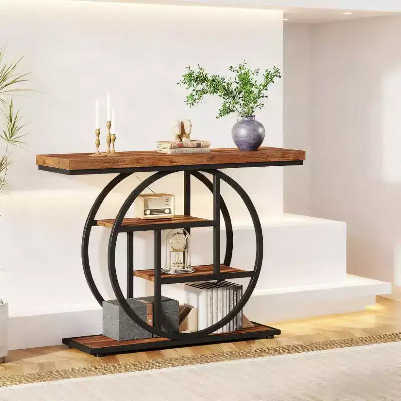 Table d'appoint industrielle à 4 niveaux en bois avec cadre métallique rond - Marron rustique
