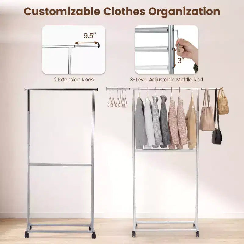 Portant à vêtements extensible sur roulettes – Armoire ouverte en métal pour chambre et dressing
