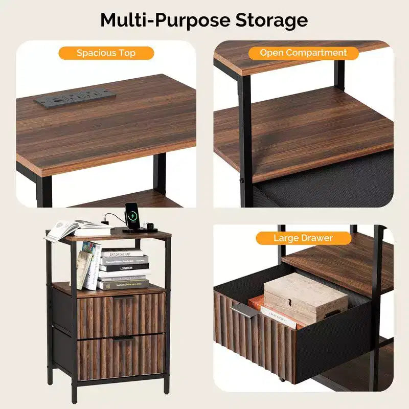 Lot de 2 tables de chevet - 2 tiroirs, 1 étagère et prise de courant intégrée, 38 cm de large