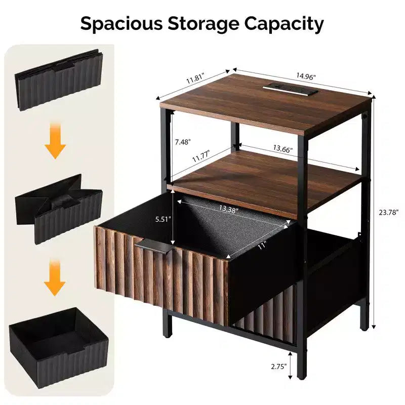 Lot de 2 tables de chevet - 2 tiroirs, 1 étagère et prise de courant intégrée, 38 cm de large