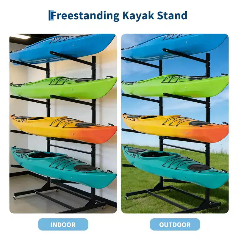 Rack de kayak autoportant robuste avec roues, support de rangement réglable pour garage et extérieur, convient aux canoës, SUP et planches de surf