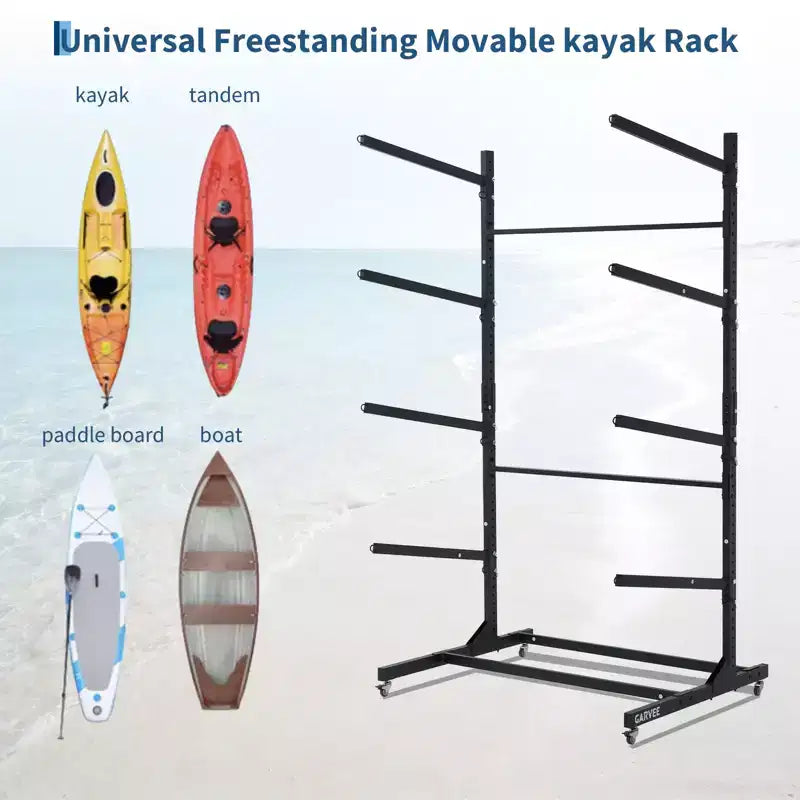 Rack de kayak autoportant robuste avec roues, support de rangement réglable pour garage et extérieur, convient aux canoës, SUP et planches de surf