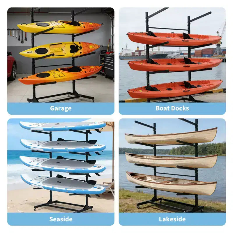 Rack de kayak autoportant robuste avec roues, support de rangement réglable pour garage et extérieur, convient aux canoës, SUP et planches de surf