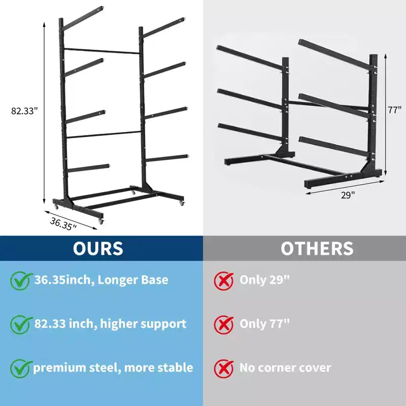 Rack de kayak autoportant robuste avec roues, support de rangement réglable pour garage et extérieur, convient aux canoës, SUP et planches de surf