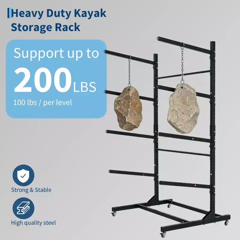 Rack de kayak autoportant robuste avec roues, support de rangement réglable pour garage et extérieur, convient aux canoës, SUP et planches de surf