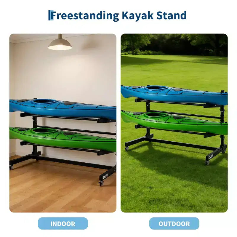 Rack de kayak autoportant robuste avec roues, support de rangement réglable pour garage et extérieur, convient aux canoës, SUP et planches de surf